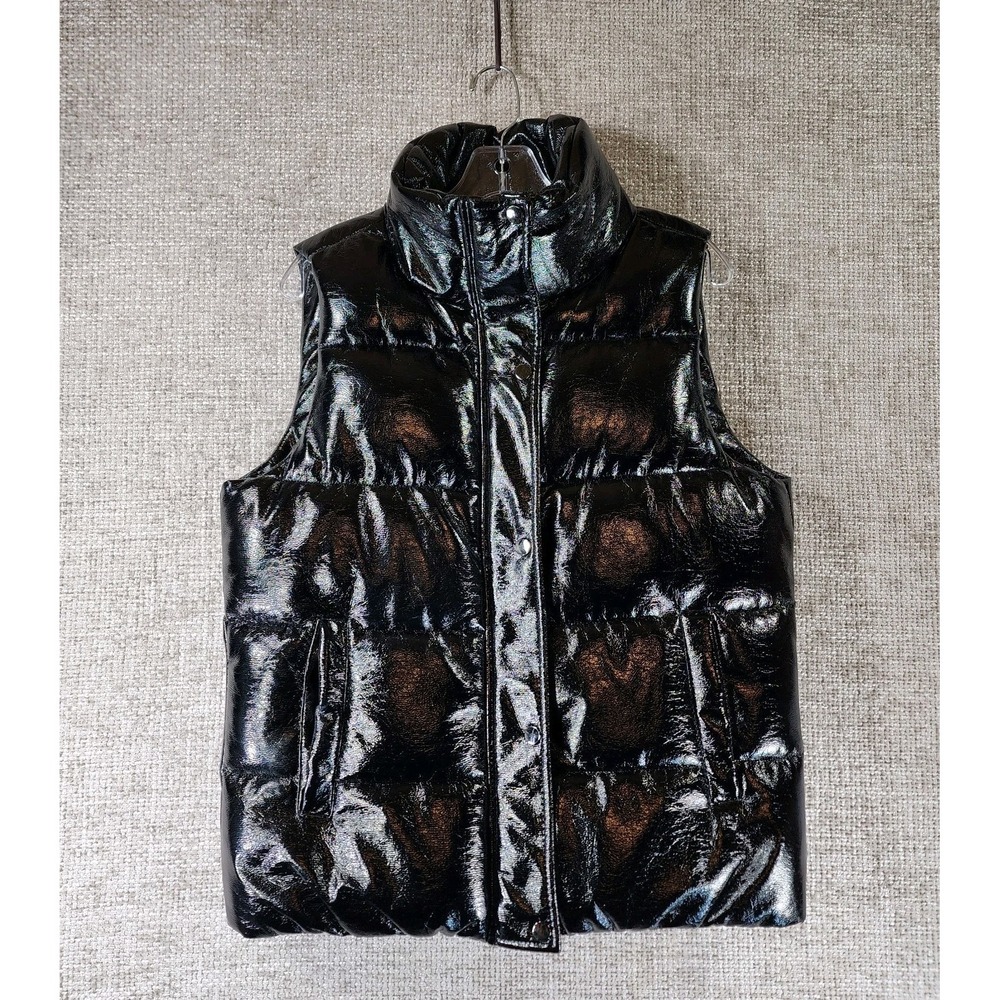 DEX Faux Leather Puffer Vest High Shine Womens S Black Zip Snap Insulated EUC